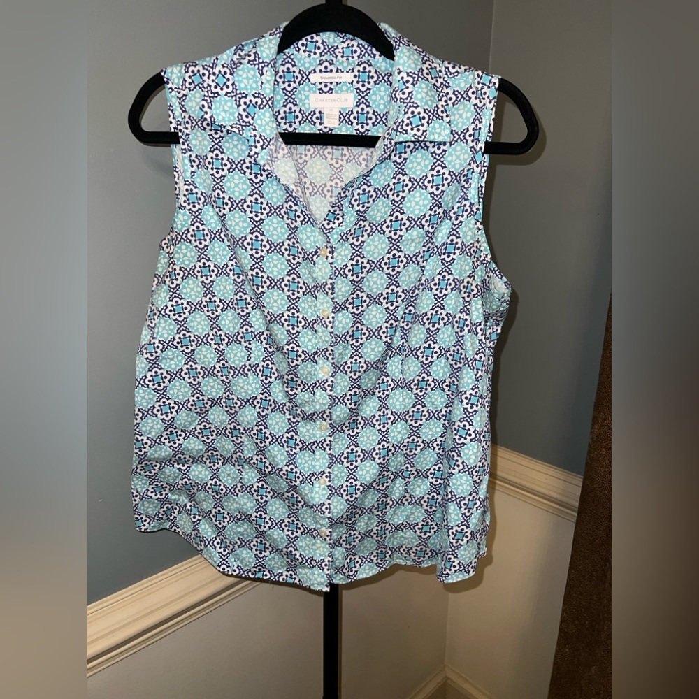 Charter Club Aqua and White Geometric Blouse‎ golf